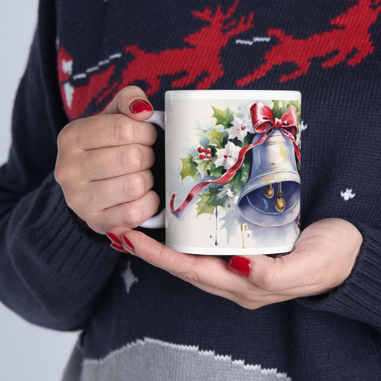 Christmas Watercolor Holly Bell Coffee Mug Festive Holiday Design