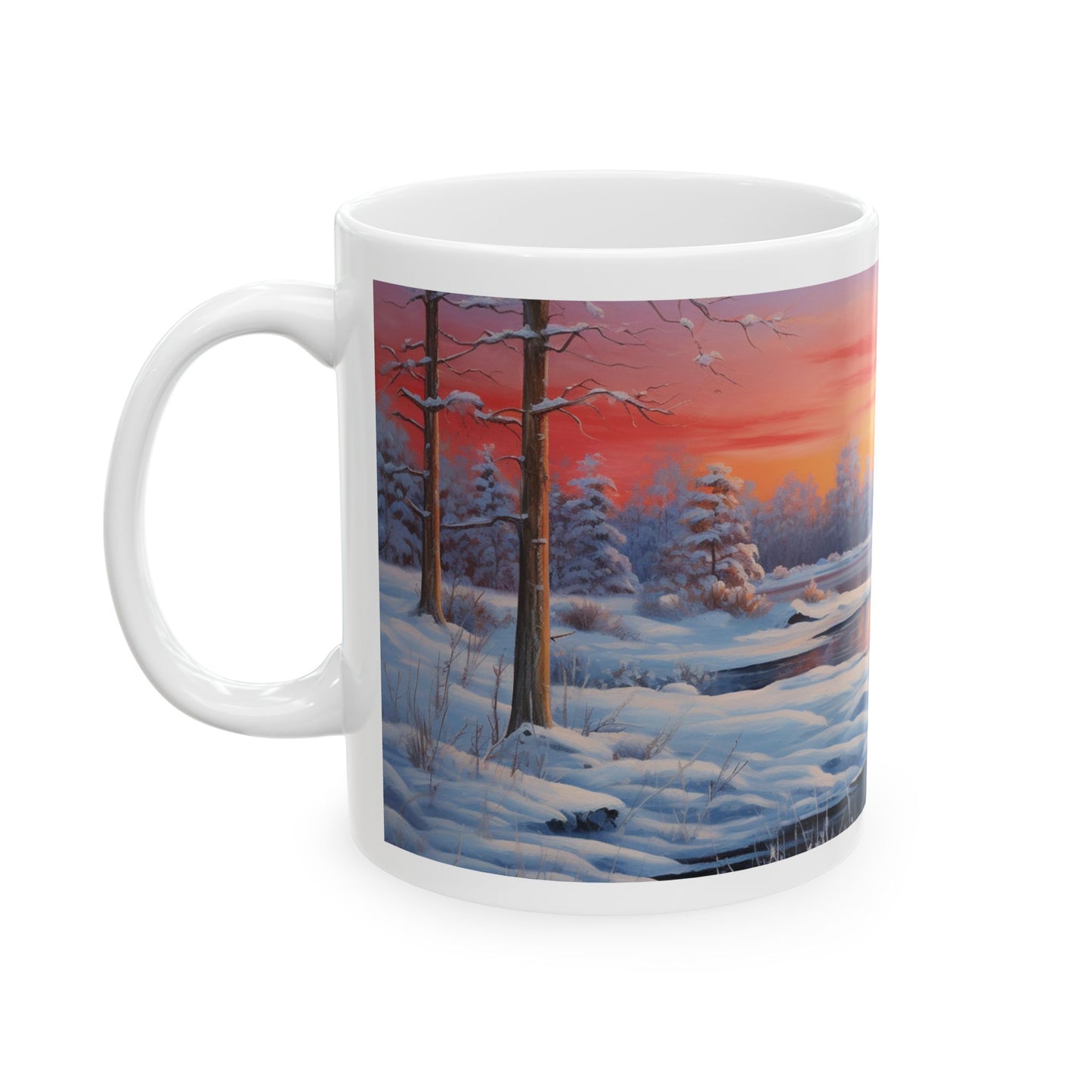 Magical Winter Watercolor Coffee Mug Serene Sunrise Scene Design