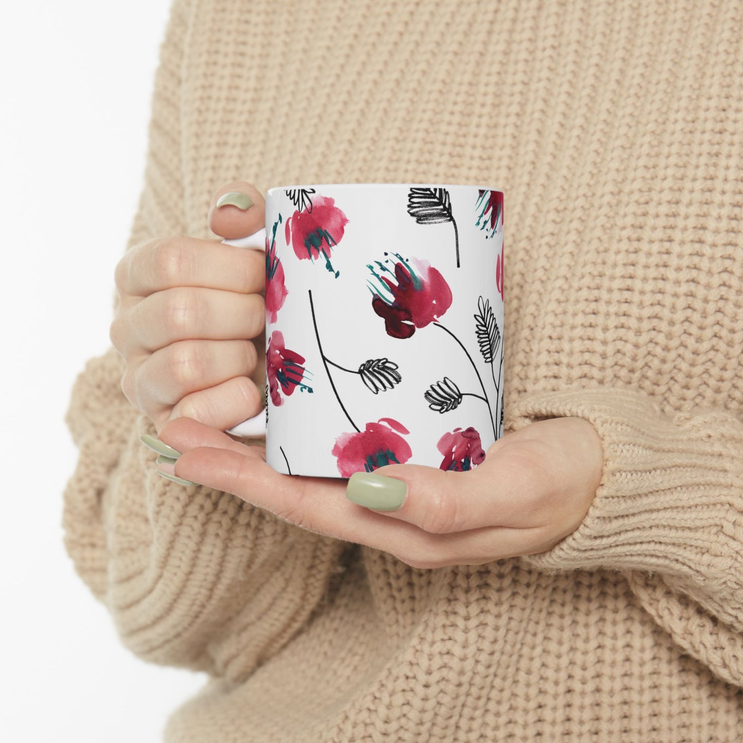 Watercolor Red Floral Coffee Mug Flowers Design