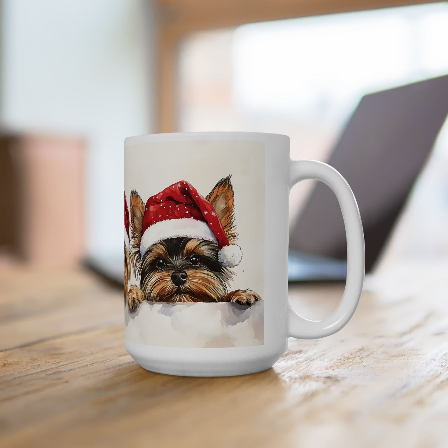 Yorkie Puppies Christmas Mug – Cute Santa Hat Holiday Design, Perfect for Dog Lovers, Coffee, Tea, or Hot Cocoa