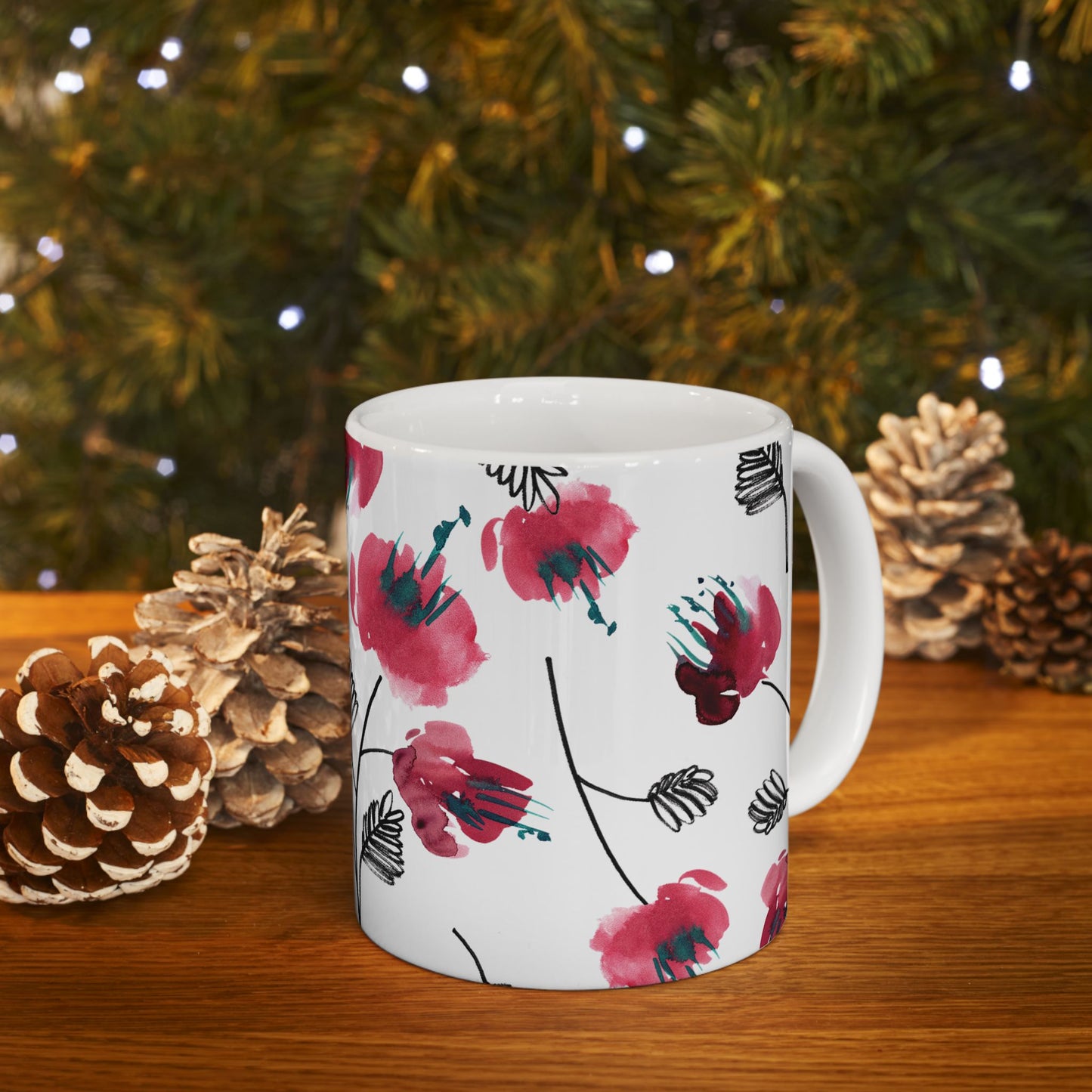 Watercolor Red Floral Coffee Mug Flowers Design