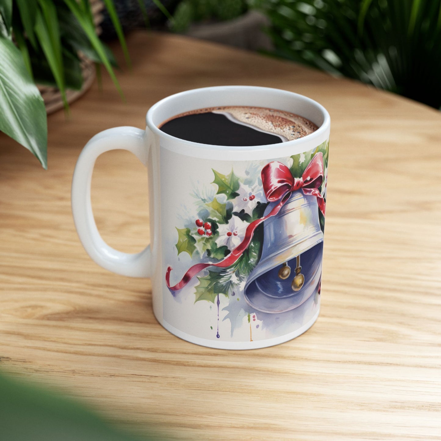 Christmas Watercolor Holly Bell Coffee Mug Festive Holiday Design