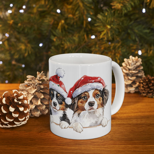 Christmas Australian Shepherd Mug – Festive Holiday Dog Design with Santa Hat, Perfect for Coffee, Tea, or Hot Cocoa