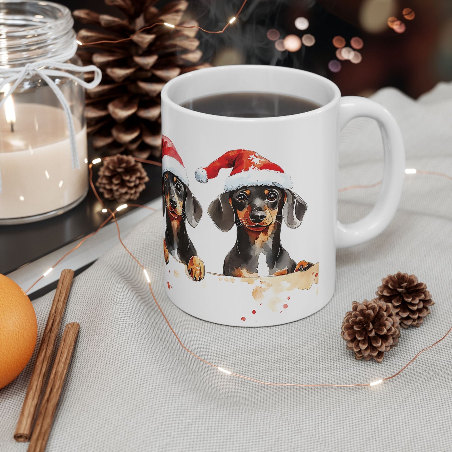 Christmas Dachshund Mug – Adorable Holiday Dog Design with Santa Hat, Perfect for Coffee, Tea, or Hot Cocoa