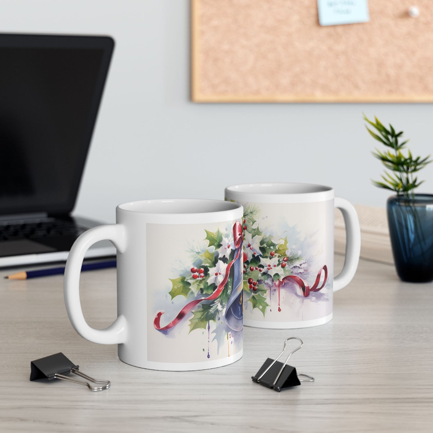 Christmas Watercolor Holly Bell Coffee Mug Festive Holiday Design