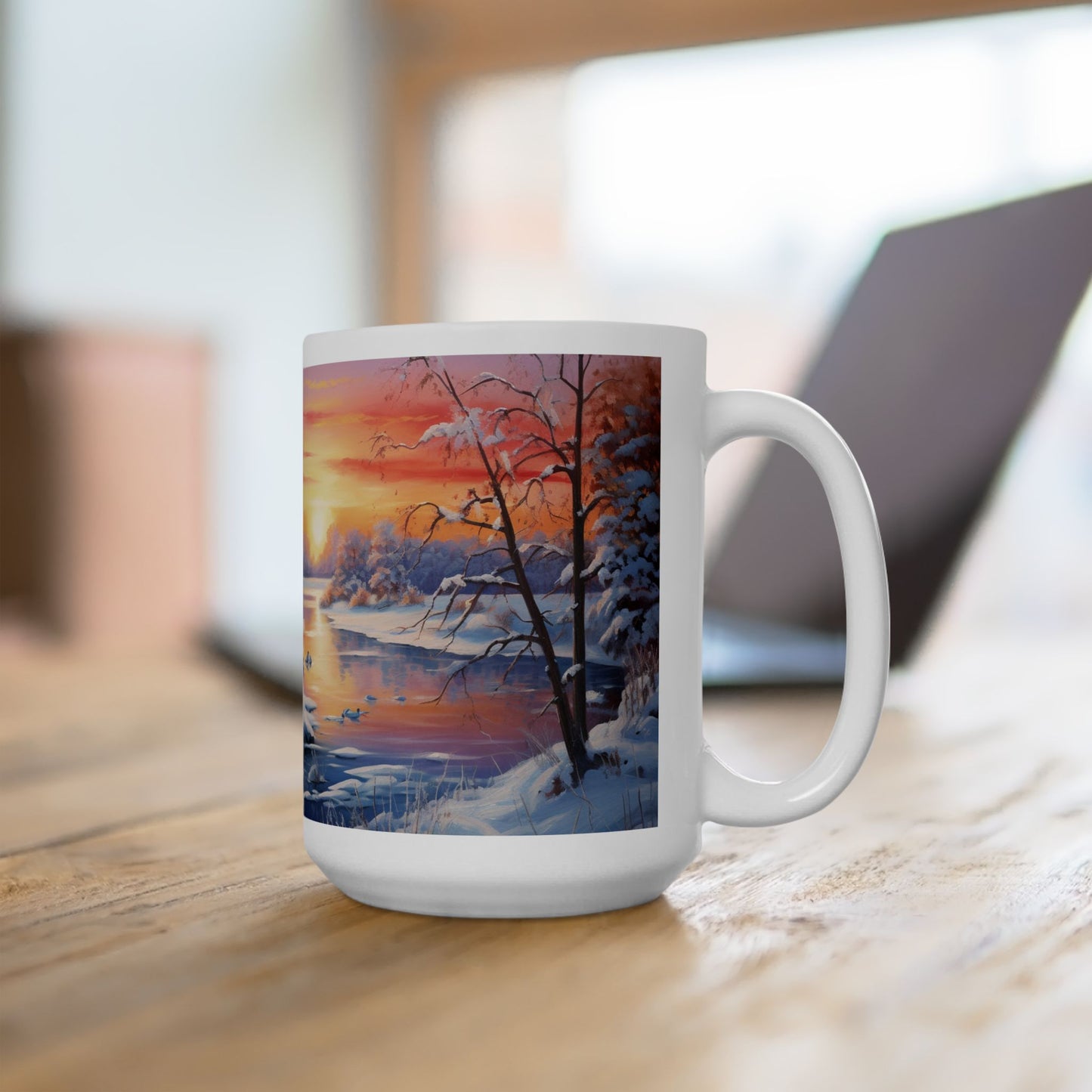 Magical Winter Watercolor Coffee Mug Serene Sunrise Scene Design