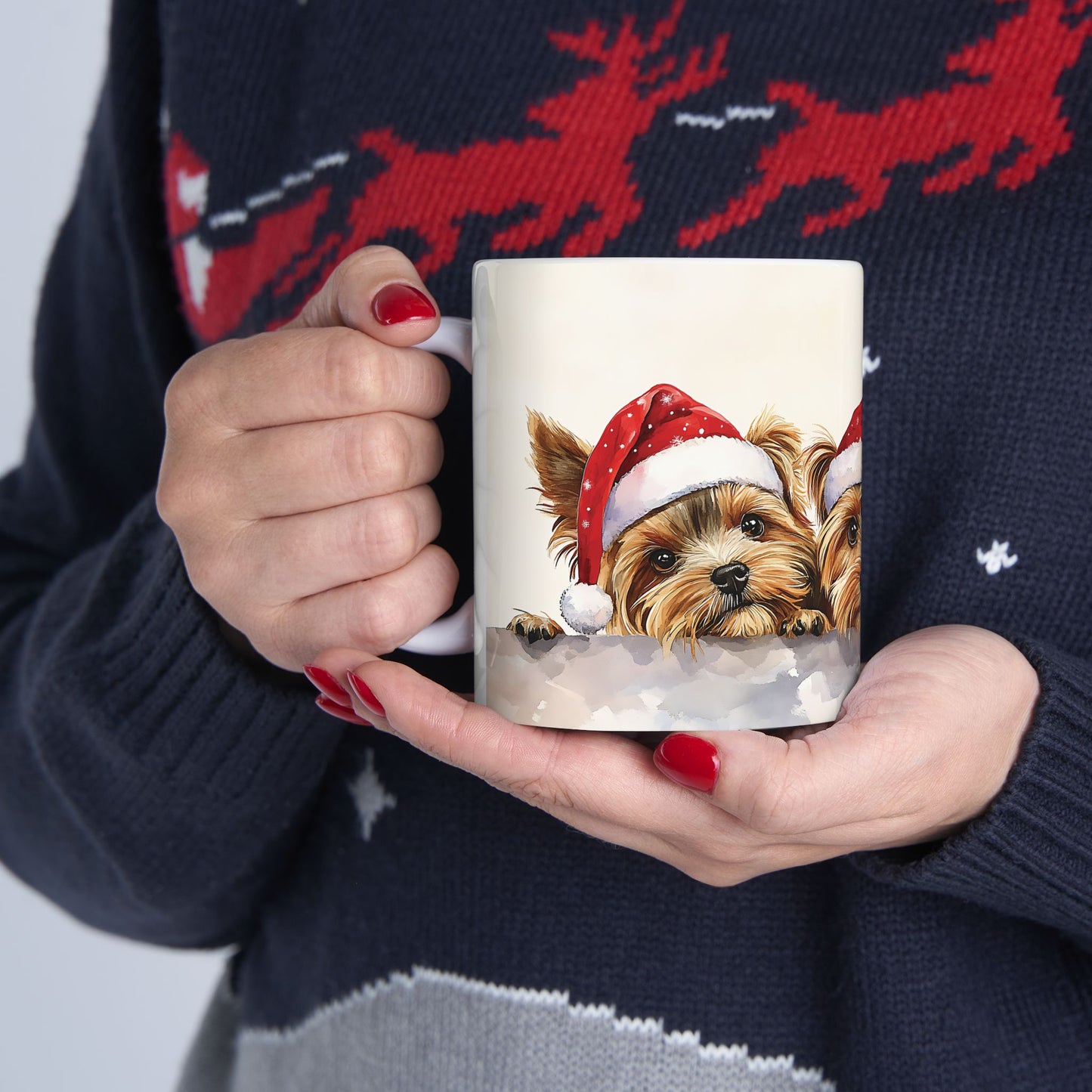 Yorkie Puppies Christmas Mug – Cute Santa Hat Holiday Design, Perfect for Dog Lovers, Coffee, Tea, or Hot Cocoa