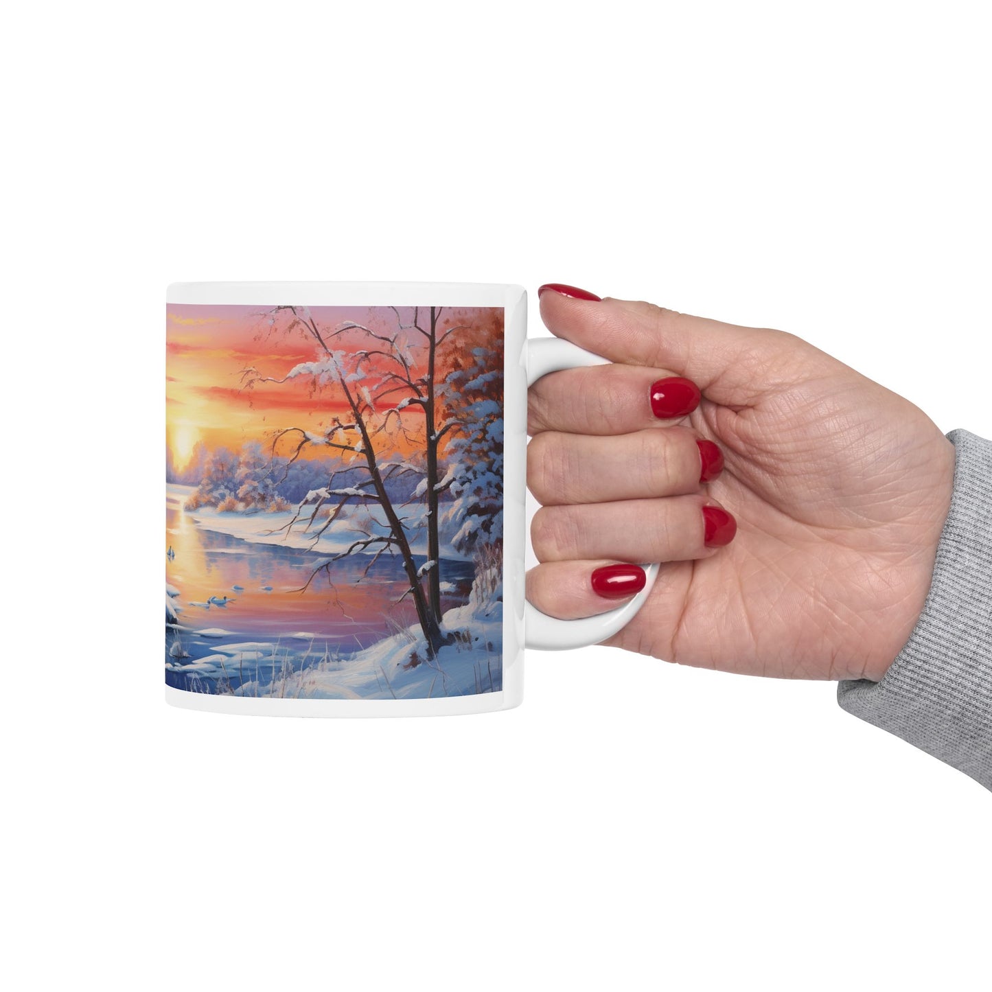 Magical Winter Watercolor Coffee Mug Serene Sunrise Scene Design