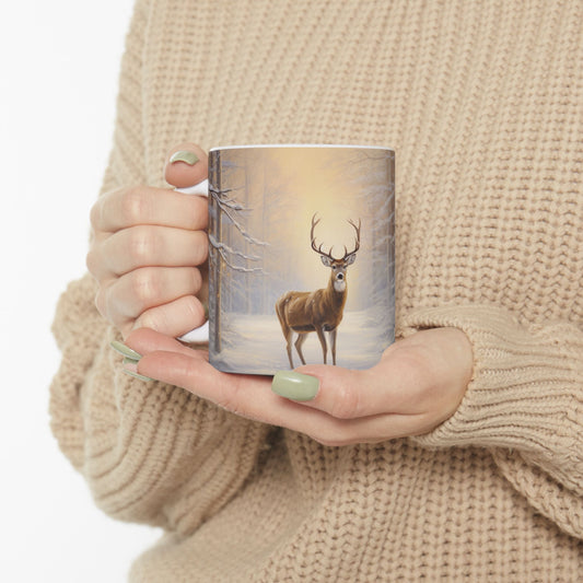 Winter Watercolor Deer Coffee Mug Rustic Forest Scene Design