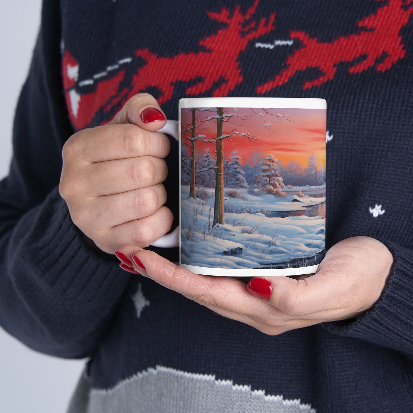 Magical Winter Watercolor Coffee Mug Serene Sunrise Scene Design