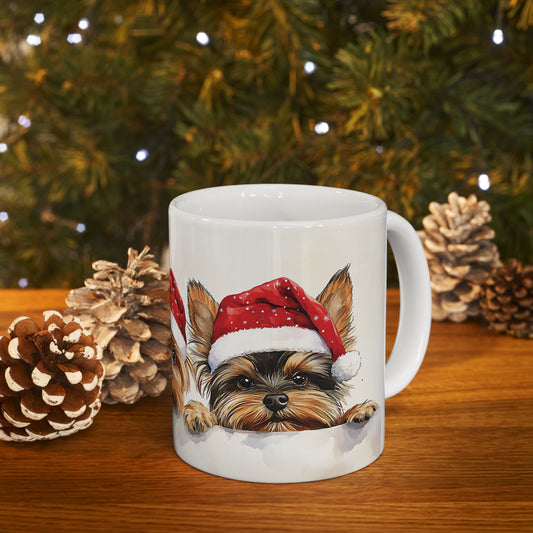 Yorkie Puppies Christmas Mug – Cute Santa Hat Holiday Design, Perfect for Dog Lovers, Coffee, Tea, or Hot Cocoa