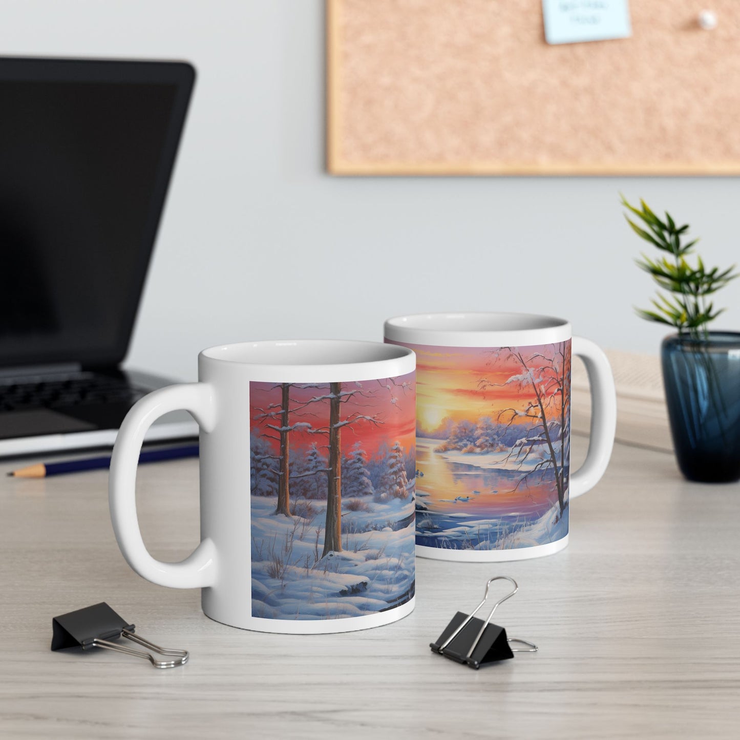 Magical Winter Watercolor Coffee Mug Serene Sunrise Scene Design