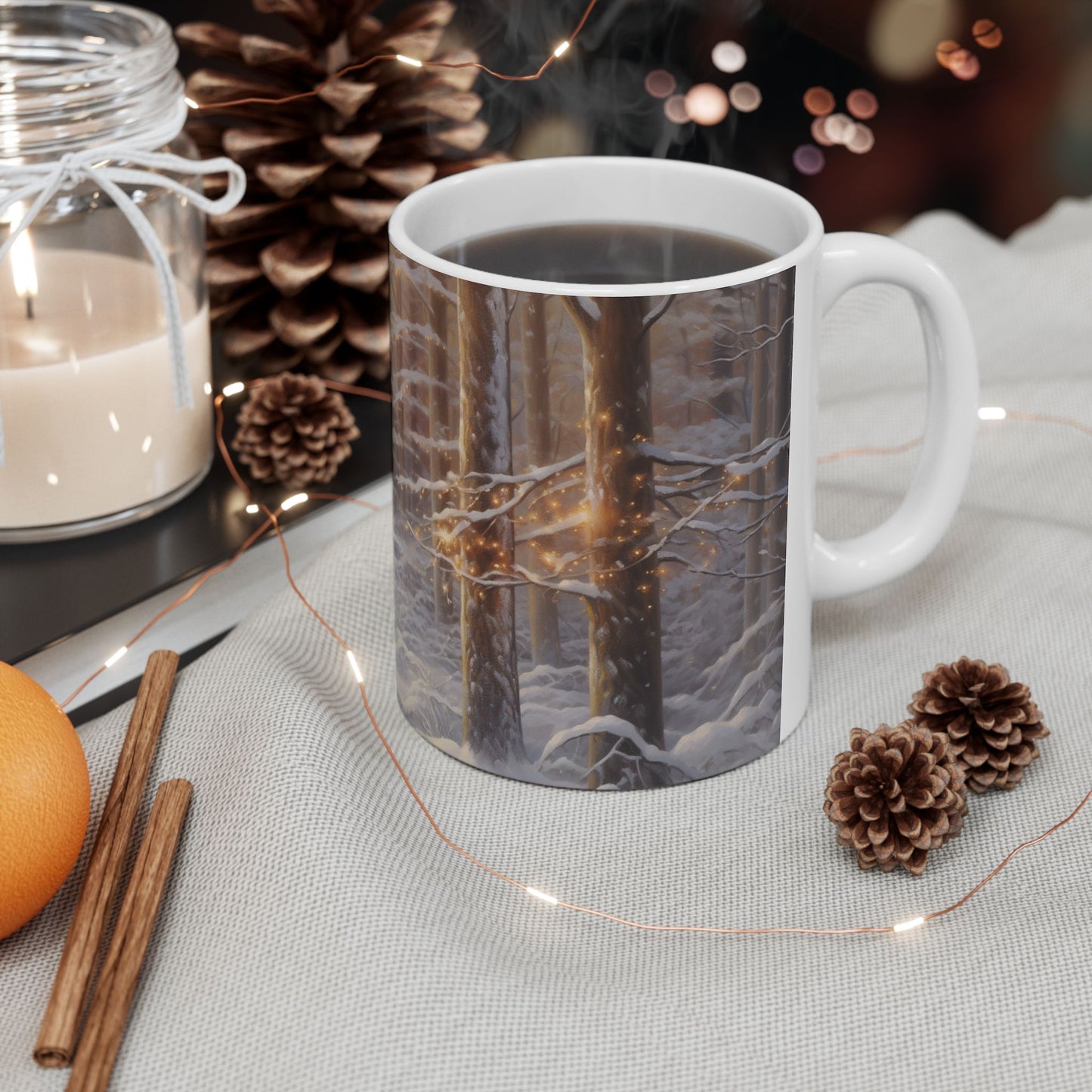 Winter Watercolor Deer Coffee Mug Rustic Forest Scene Design