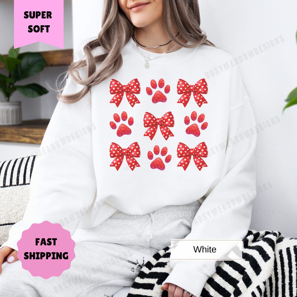 Paw Print Valentine's Day Sweatshirt, Bows and Hearts Women's Crewneck, Gift for Dog Lovers