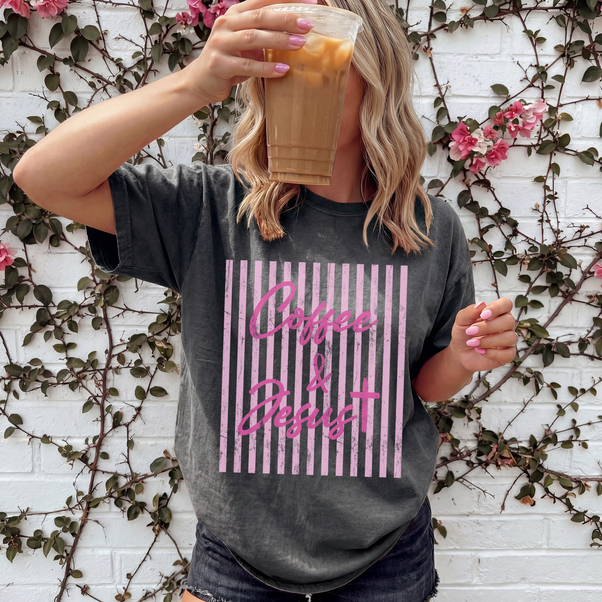 Coffee & Jesus T‑Shirt — Pink Striped Christian Graphic Tee