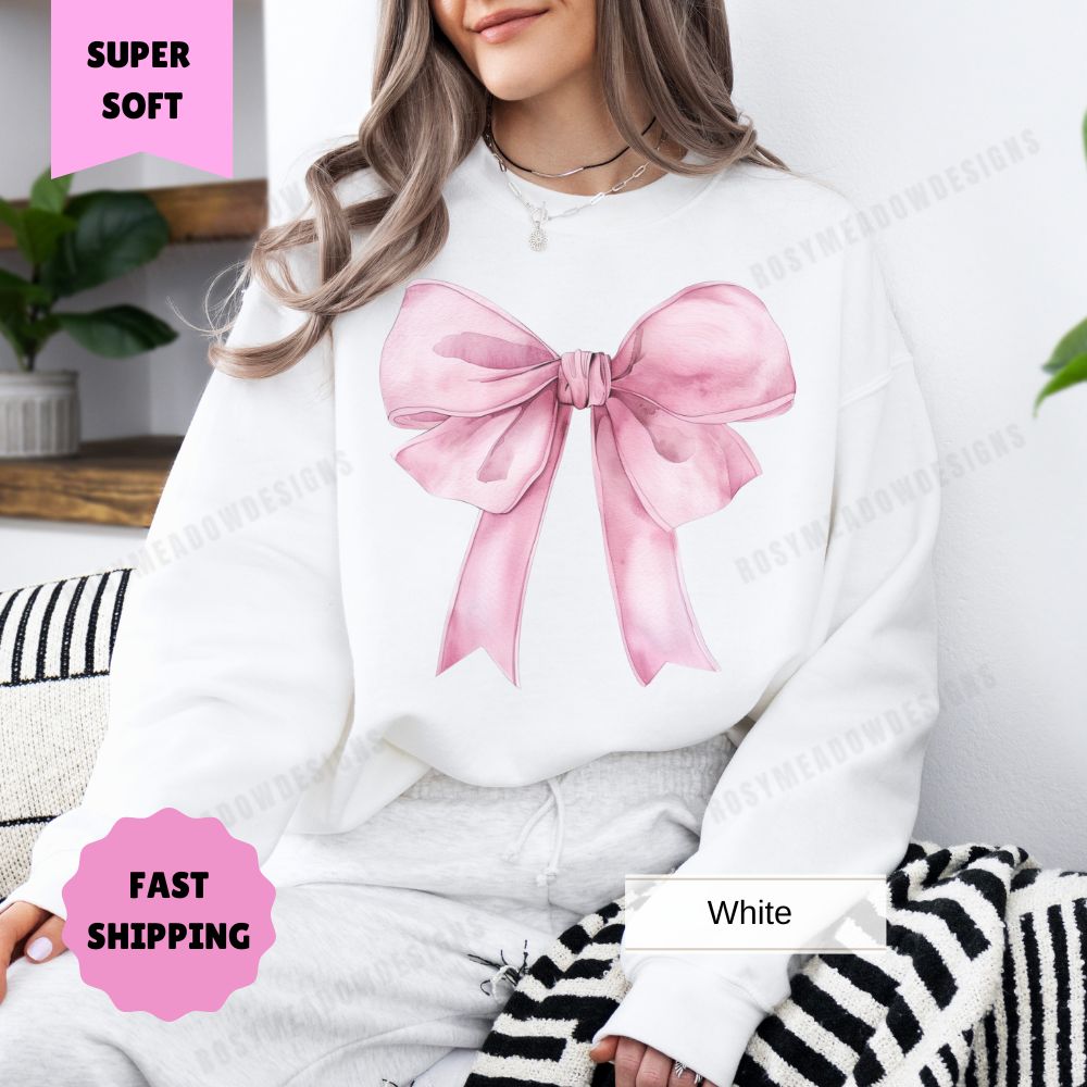 Big Pink Bow Sweatshirt Cute Holiday Crewneck Cozy Winter Pullover Womens Christmas Shirt Festive Bow Graphic Sweater Gift for Her