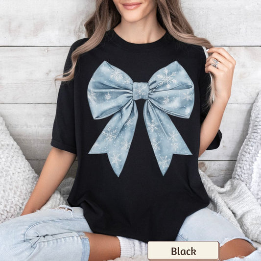 Women's Retro Christmas Shirt - Cute Coquette Winter Tee with Snowflakes and Bow, Comfort Colors Blue