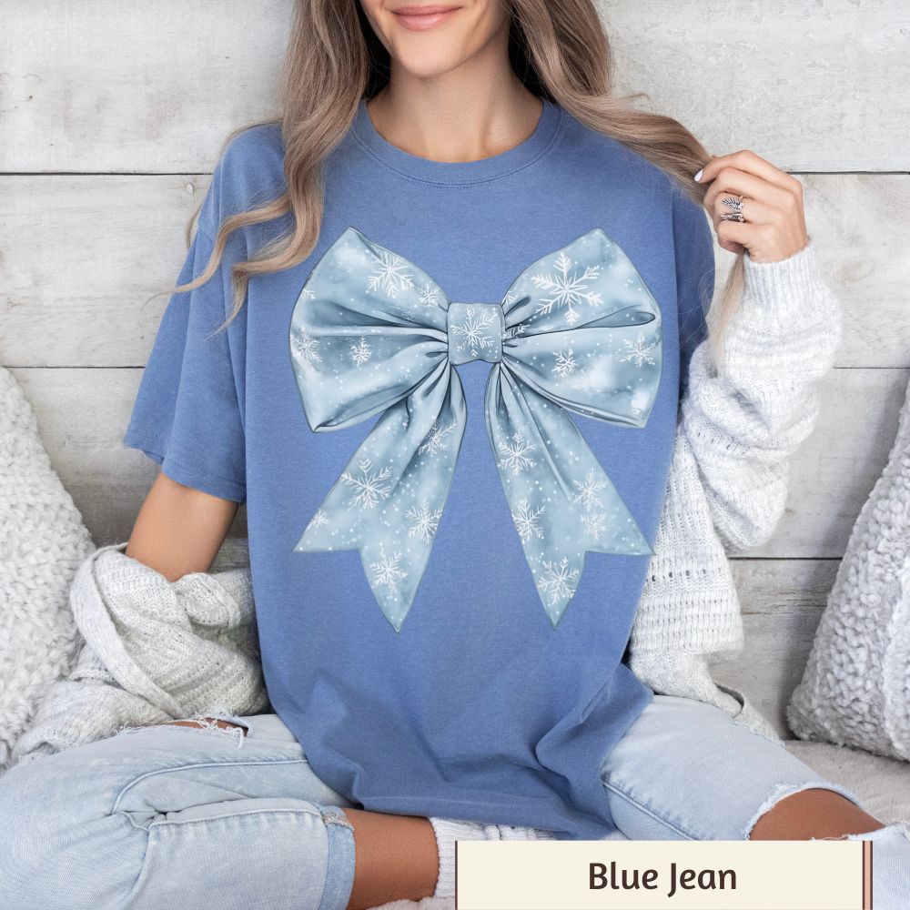 Women's Retro Christmas Shirt - Cute Coquette Winter Tee with Snowflakes and Bow, Comfort Colors Blue