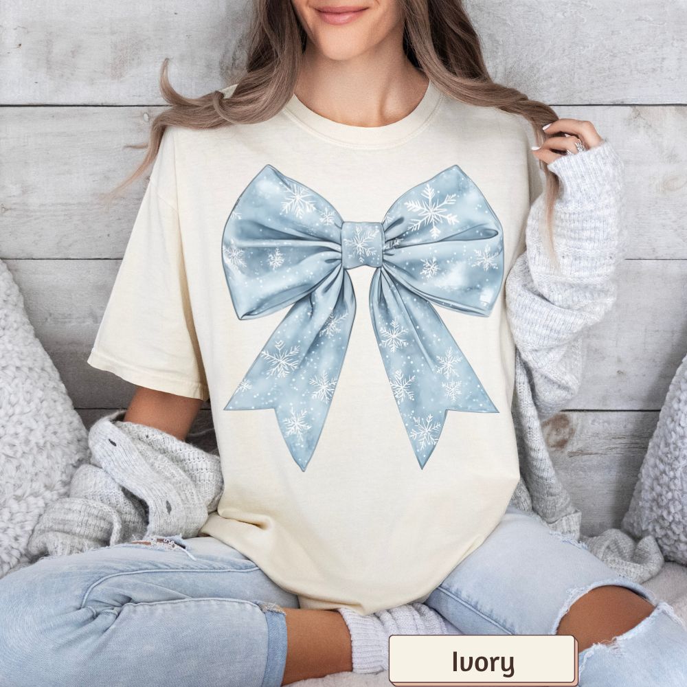 Women's Retro Christmas Shirt - Cute Coquette Winter Tee with Snowflakes and Bow, Comfort Colors Blue