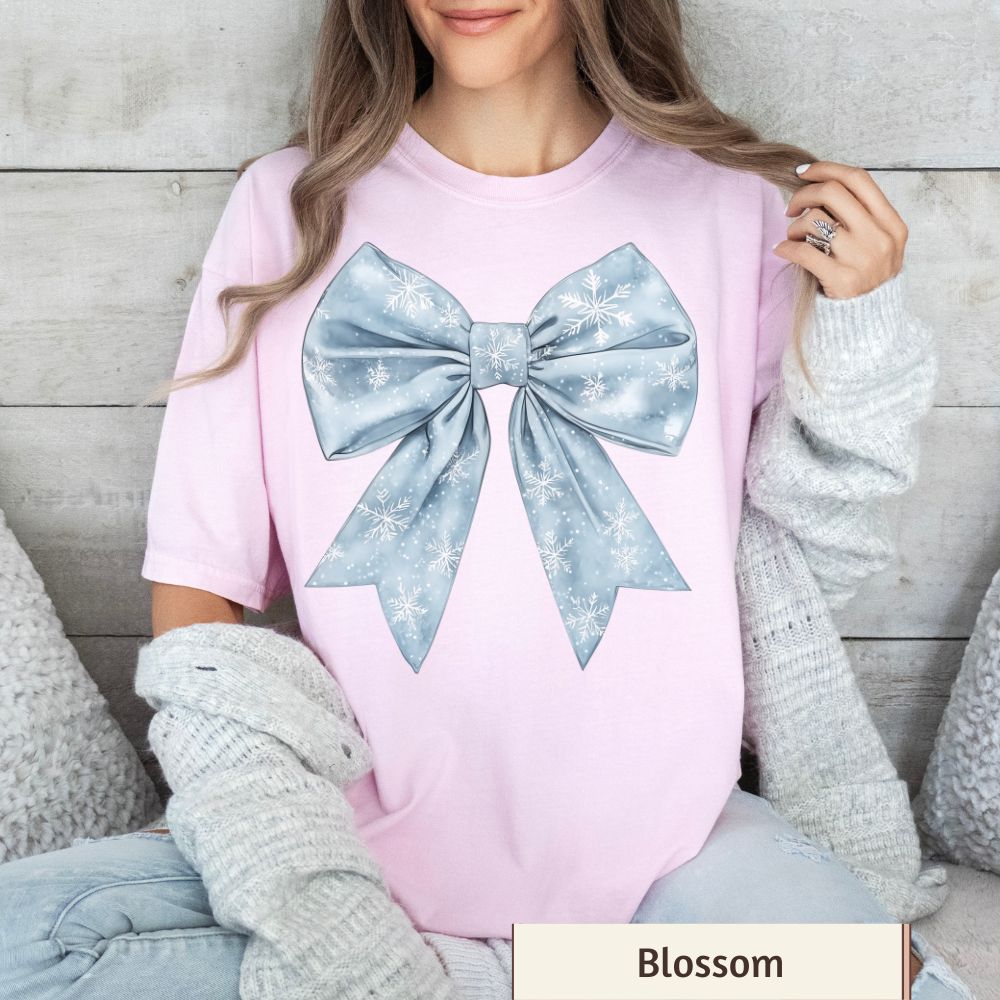 Women's Retro Christmas Shirt - Cute Coquette Winter Tee with Snowflakes and Bow, Comfort Colors Blue