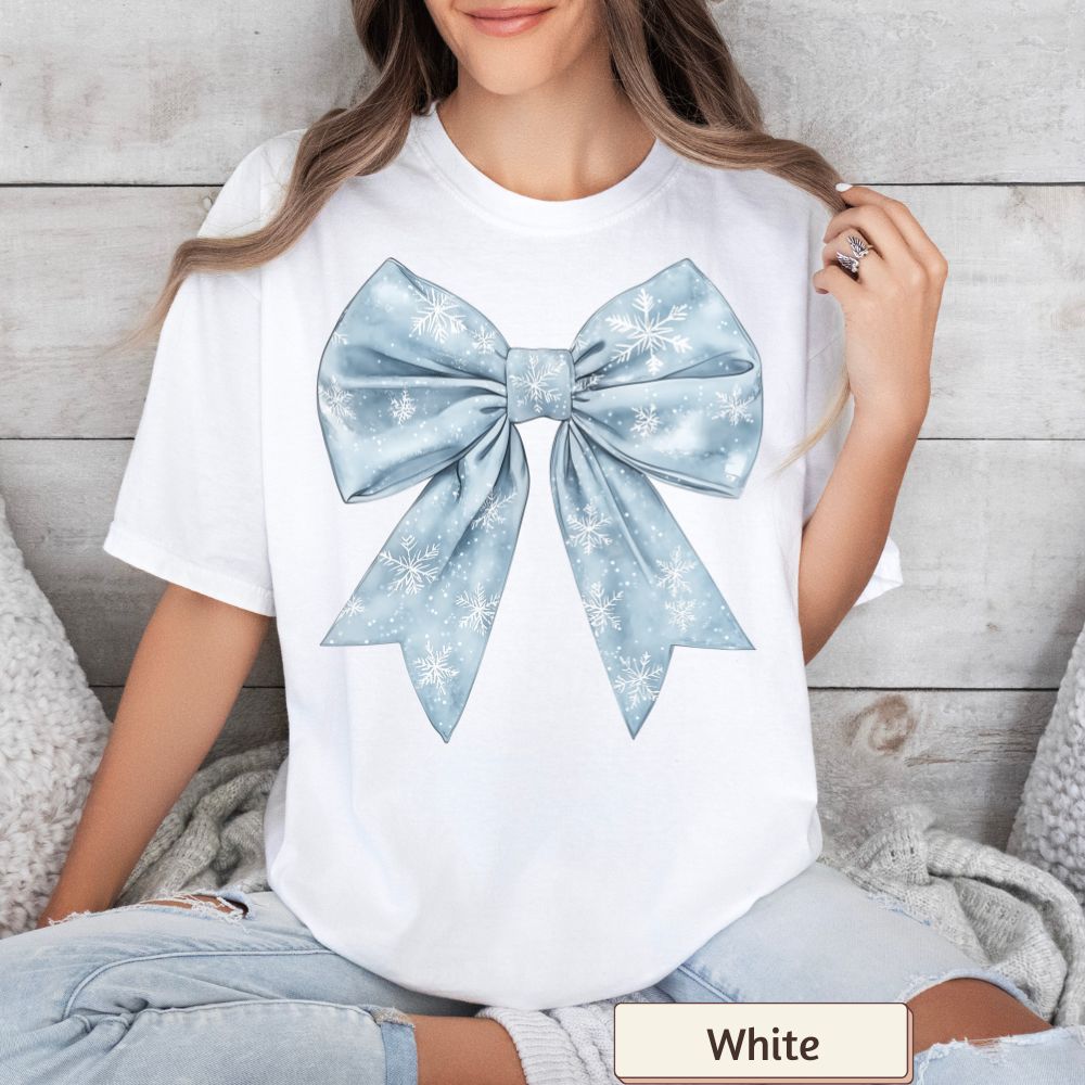 Women's Retro Christmas Shirt - Cute Coquette Winter Tee with Snowflakes and Bow, Comfort Colors Blue