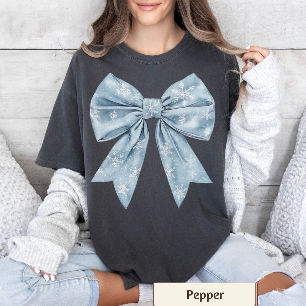 Women's Retro Christmas Shirt - Cute Coquette Winter Tee with Snowflakes and Bow, Comfort Colors Blue