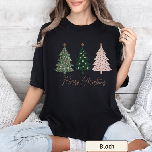 Women's Boho Christmas Tree Shirt - Cute Retro Pink Holiday Tee, Comfort Colors Christmas Top