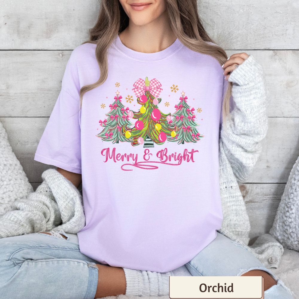 Women's Christmas Shirt | Merry & Bright Pink Coquette Tree & Bow Design