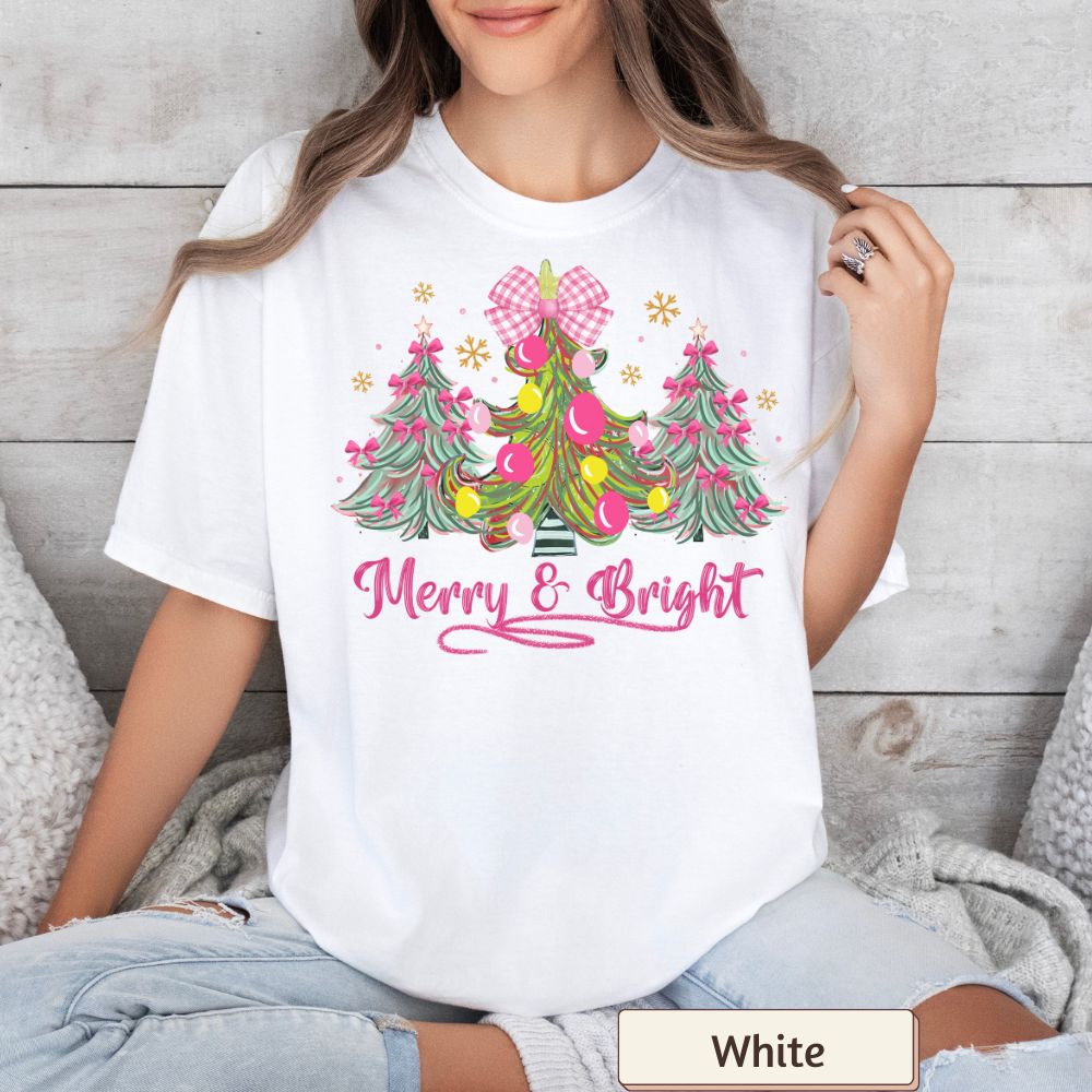 Women's Christmas Shirt | Merry & Bright Pink Coquette Tree & Bow Design