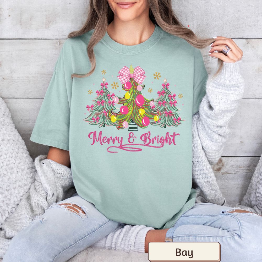 Women's Christmas Shirt | Merry & Bright Pink Coquette Tree & Bow Design