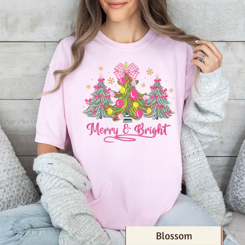 Women's Christmas Shirt | Merry & Bright Pink Coquette Tree & Bow Design