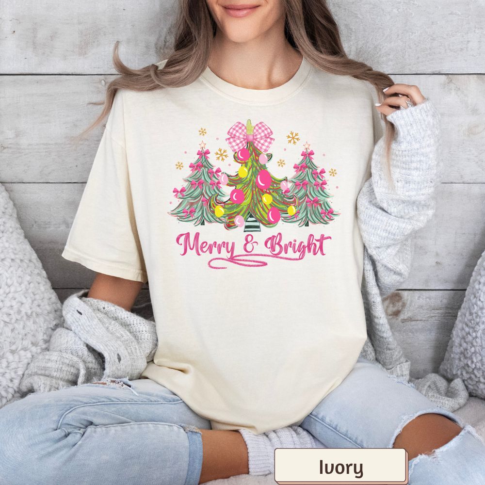 Women's Christmas Shirt | Merry & Bright Pink Coquette Tree & Bow Design