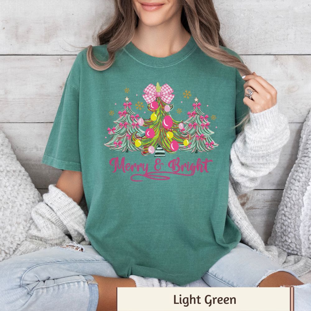 Women's Christmas Shirt | Merry & Bright Pink Coquette Tree & Bow Design