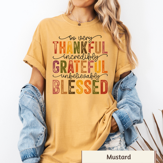 Women's 'Grateful Thankful Blessed' Fall Graphic T-Shirt – Thanksgiving Outfit, Soft Cotton