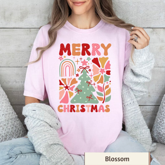 Women's Christmas T-Shirt - Comfort Colors - Boho Merry Christmas - Retro Holiday Style