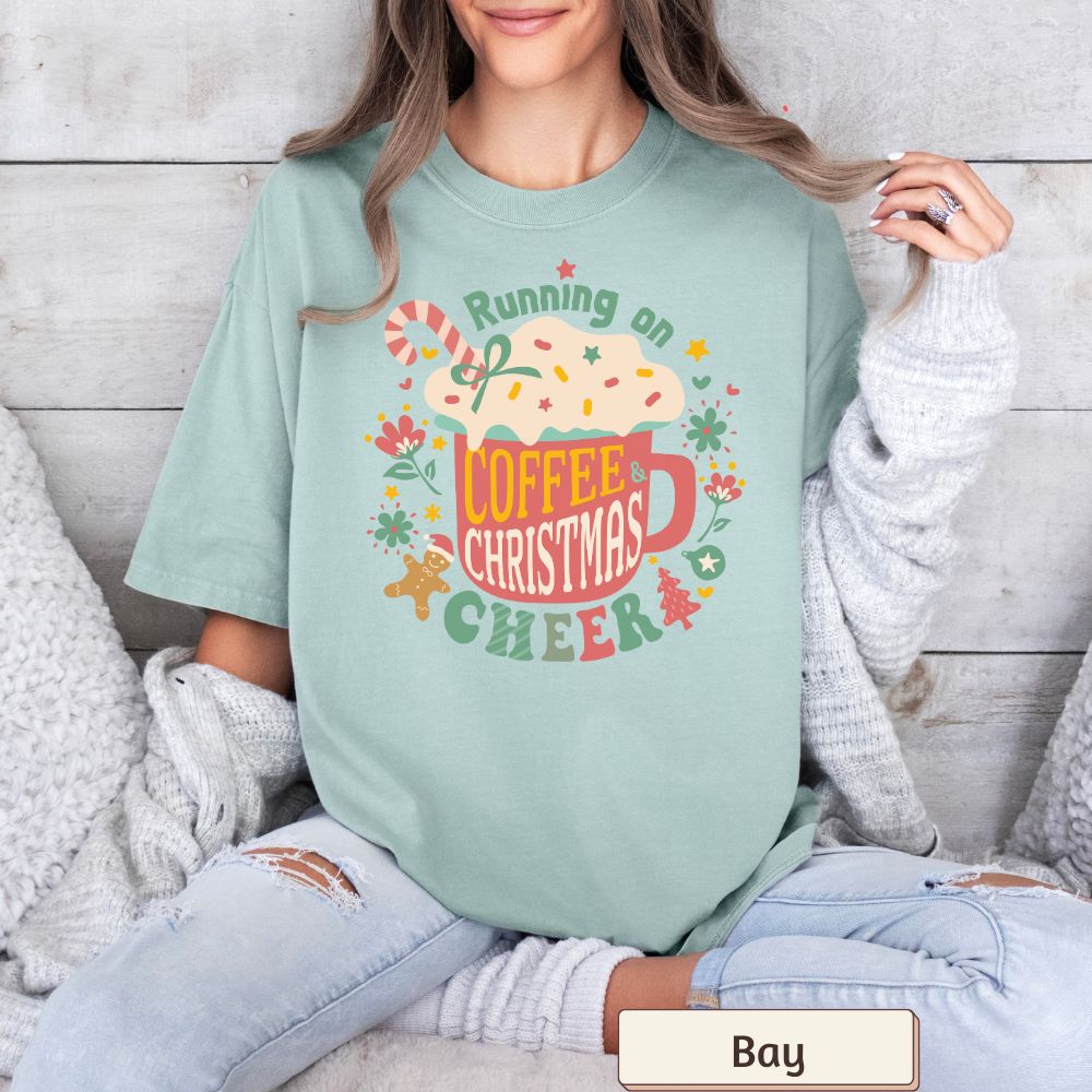 Comfort Colors Women's Christmas T-Shirt - Running on Coffee & Christmas Cheer - Boho Retro Holiday Style