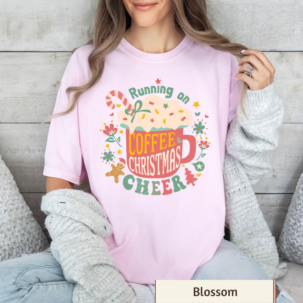 Comfort Colors Women's Christmas T-Shirt - Running on Coffee & Christmas Cheer - Boho Retro Holiday Style