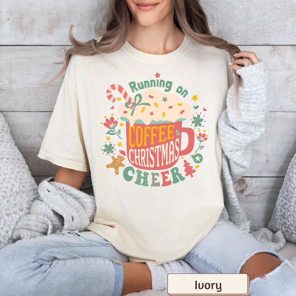 Comfort Colors Women's Christmas T-Shirt - Running on Coffee & Christmas Cheer - Boho Retro Holiday Style