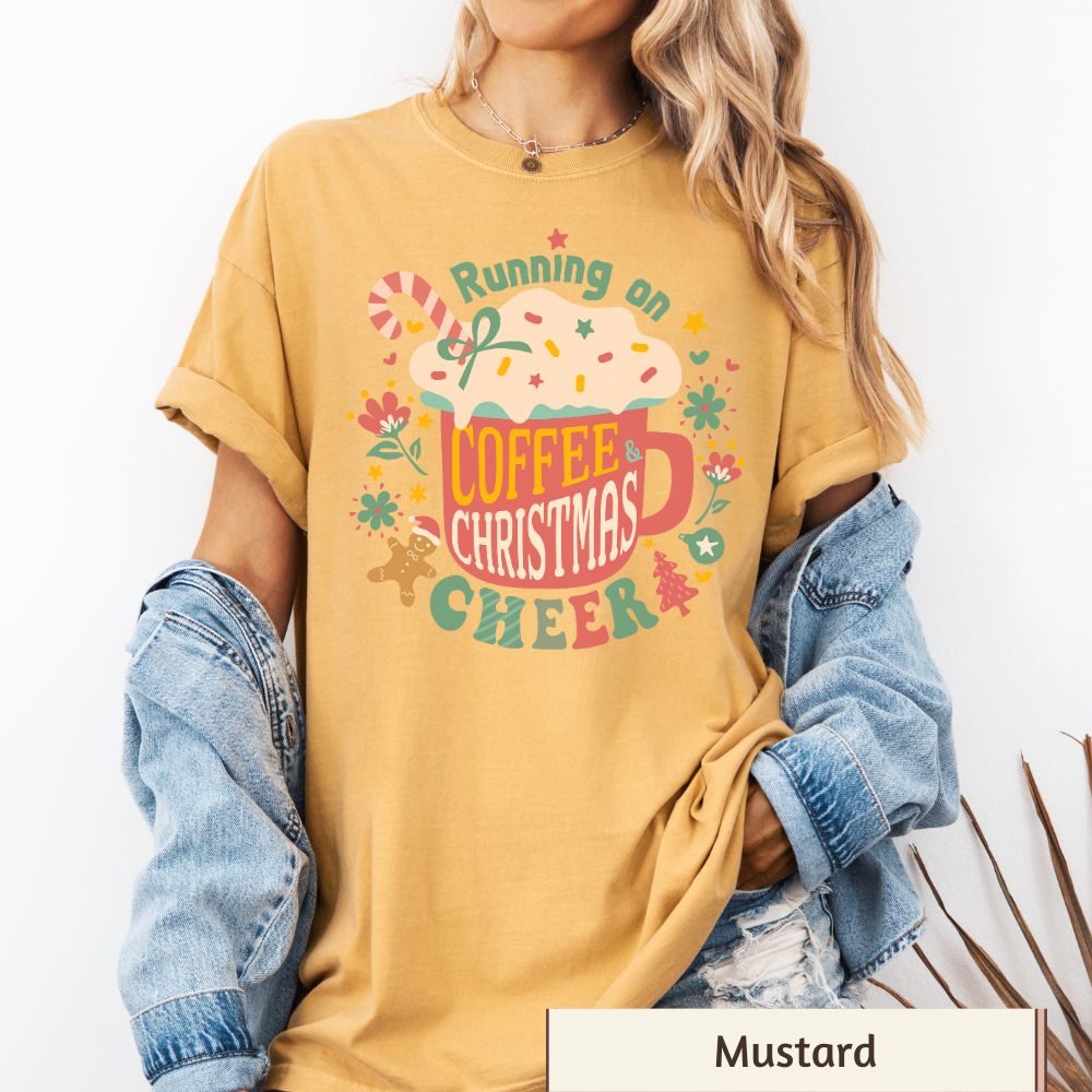 Comfort Colors Women's Christmas T-Shirt - Running on Coffee & Christmas Cheer - Boho Retro Holiday Style