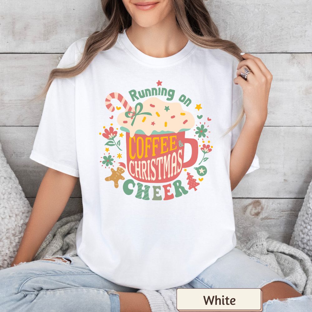 Comfort Colors Women's Christmas T-Shirt - Running on Coffee & Christmas Cheer - Boho Retro Holiday Style