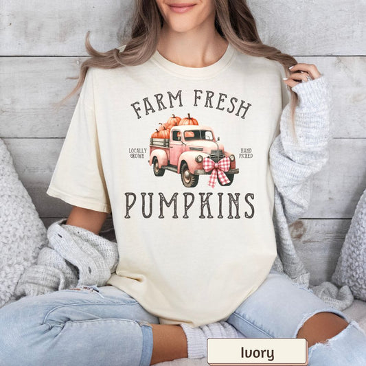 Women's T-Shirt - "Farm Fresh Pumpkins" with Red Truck - Fall Style