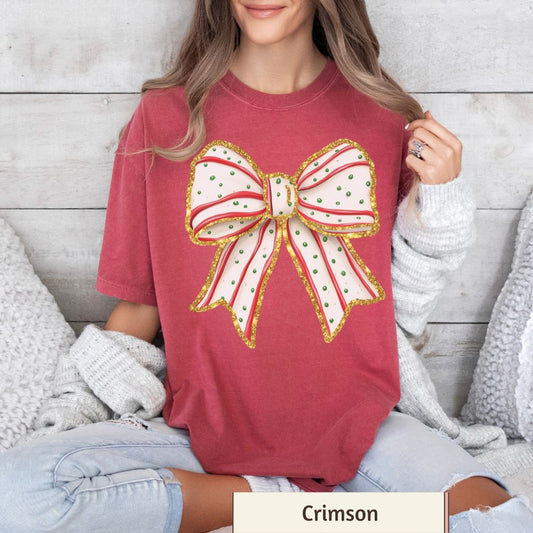 Women's Short Sleeve T-Shirt - Coquette Christmas Glitter Bow, Retro Holiday Design, Comfort Colors