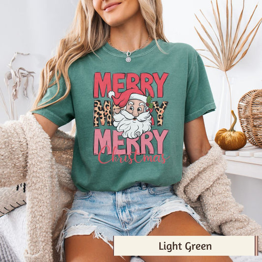 Merry Merry Merry Christmas Shirt Comfort Colors, Retro Santa Tee, Leopard Print Holiday Shirt, Women's Christmas Graphic