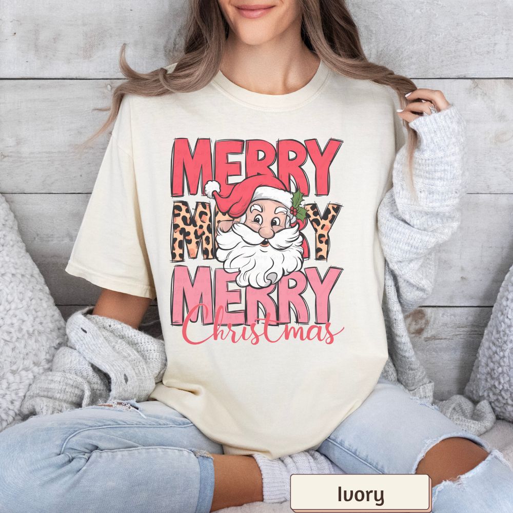 Merry Merry Merry Christmas Shirt Comfort Colors, Retro Santa Tee, Leopard Print Holiday Shirt, Women's Christmas Graphic