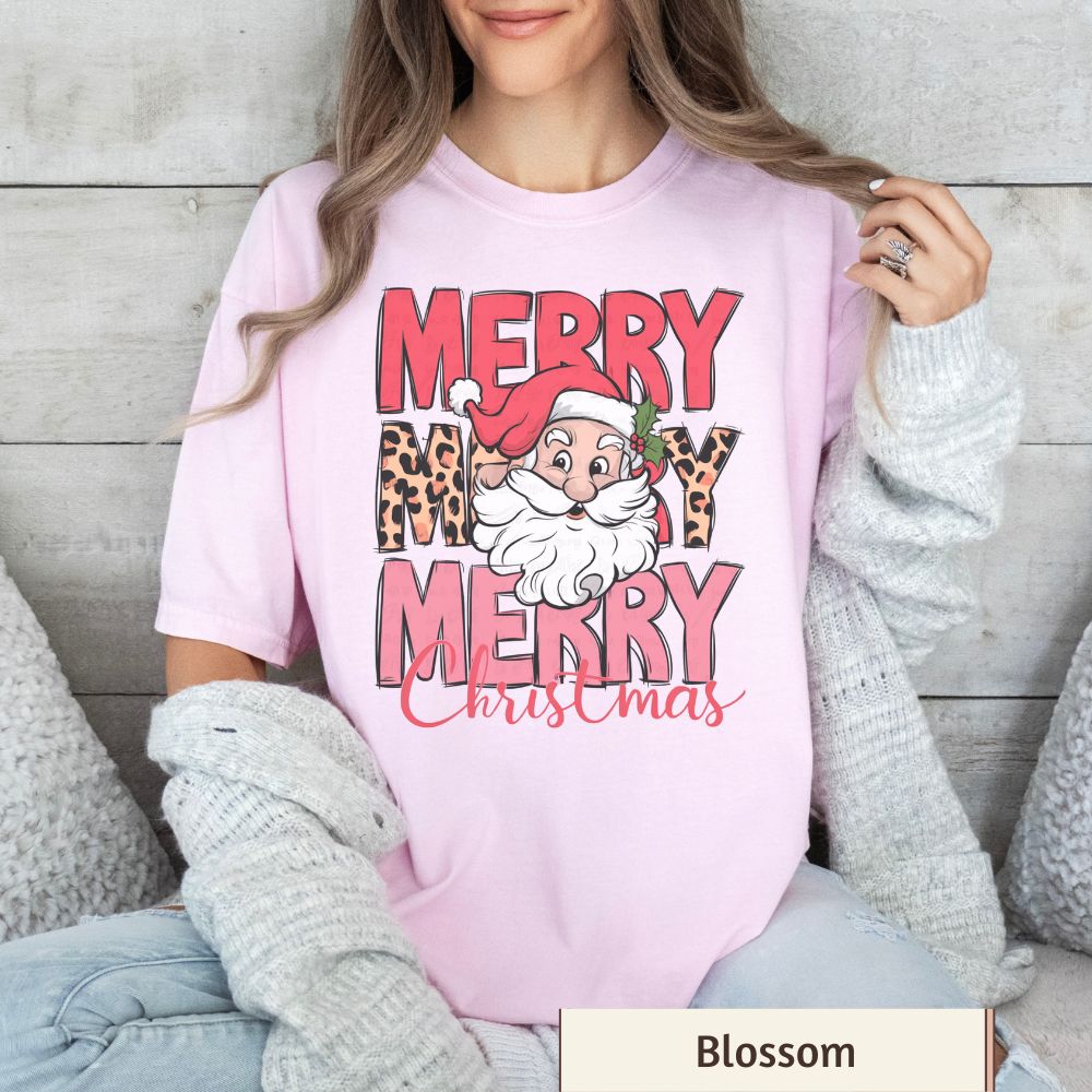 Merry Merry Merry Christmas Shirt Comfort Colors, Retro Santa Tee, Leopard Print Holiday Shirt, Women's Christmas Graphic