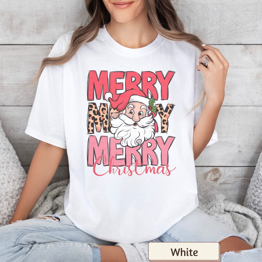 Merry Merry Merry Christmas Shirt Comfort Colors, Retro Santa Tee, Leopard Print Holiday Shirt, Women's Christmas Graphic