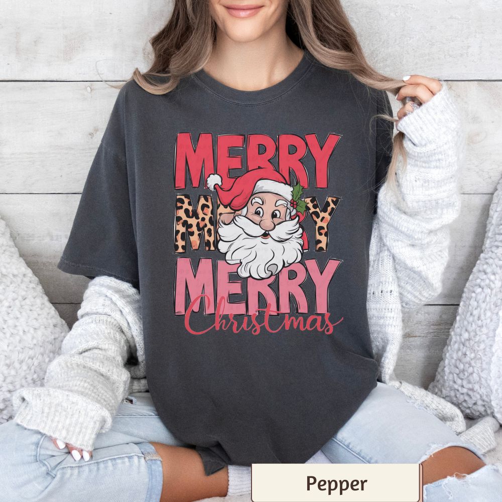 Merry Merry Merry Christmas Shirt Comfort Colors, Retro Santa Tee, Leopard Print Holiday Shirt, Women's Christmas Graphic