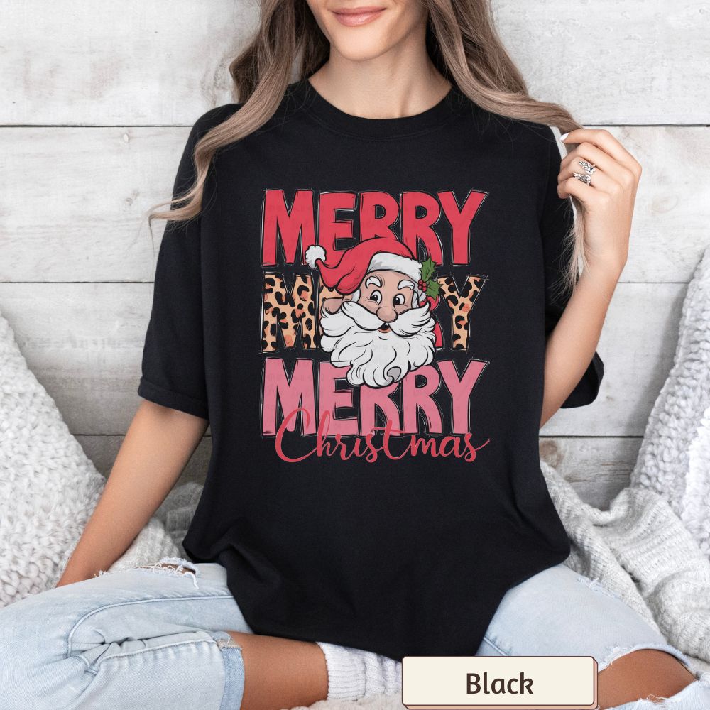 Merry Merry Merry Christmas Shirt Comfort Colors, Retro Santa Tee, Leopard Print Holiday Shirt, Women's Christmas Graphic