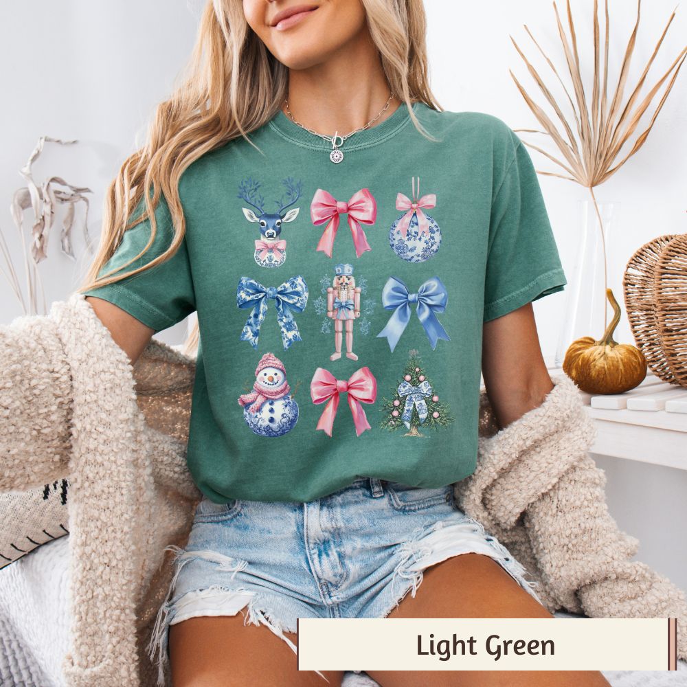 Coquette Nutcracker Christmas Women's T-Shirt - Winter Snowman, Bow Accents, Holiday Style