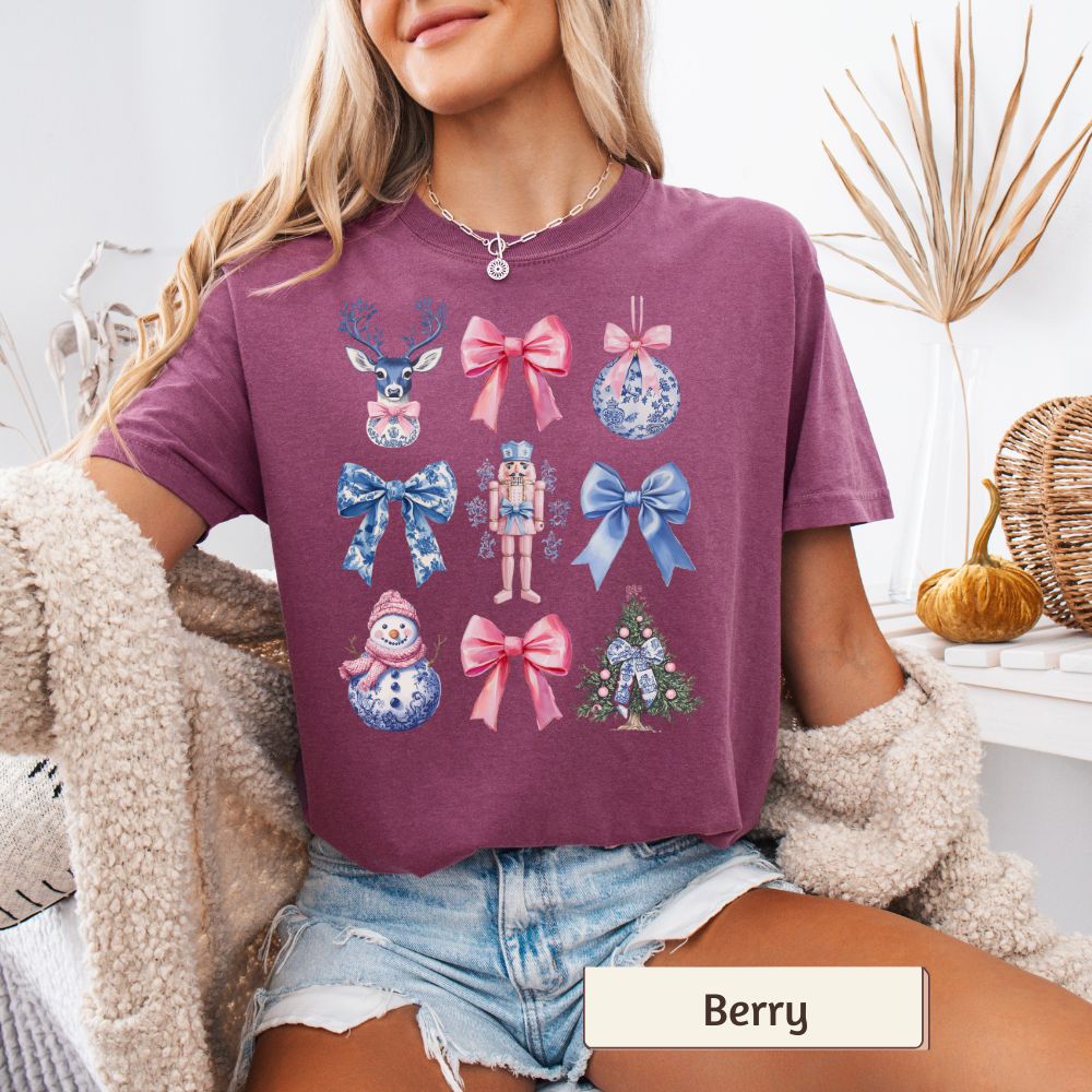 Coquette Nutcracker Christmas Women's T-Shirt - Winter Snowman, Bow Accents, Holiday Style